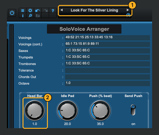 SoloVoice Arranger with a song preset loaded; Head Bar knob highlighted