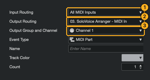 Add MIDI Track dialog: input Arranger, output Divisimate Core, channel 1